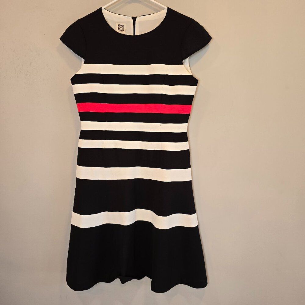 Anne Klein Dress Black Striped Short Sleeve Womens 6 Petite